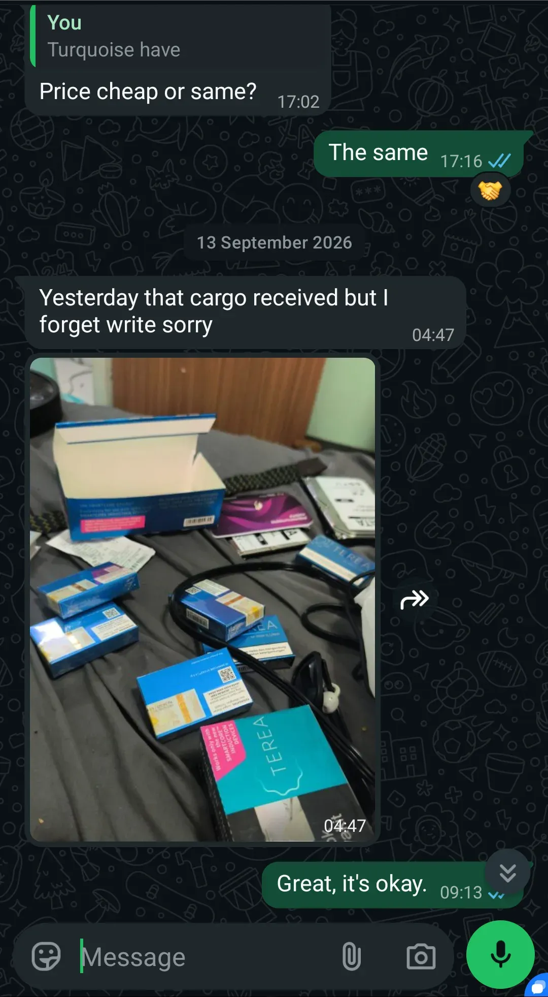 WhatsApp chat with a customer in Bangkok about TEREA Turquoise
