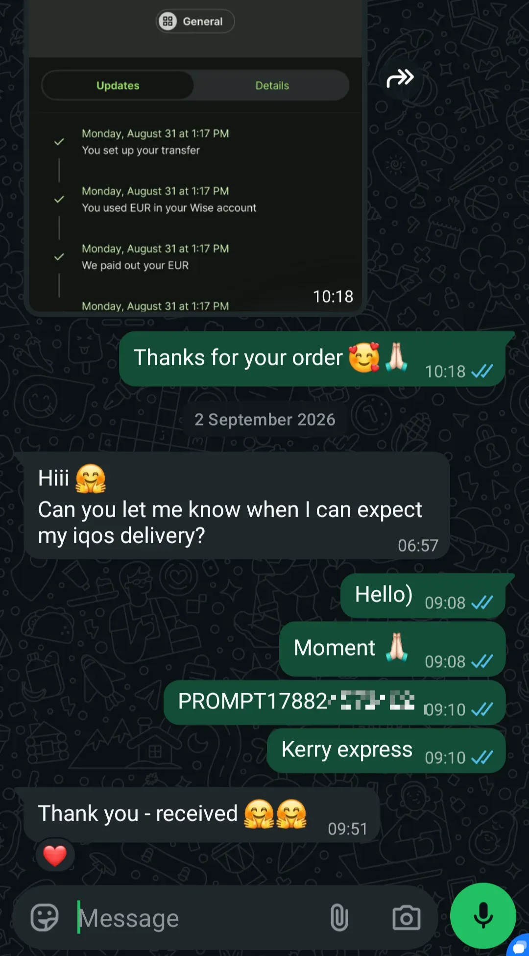 WhatsApp chat with a customer in Bangkok about TEREA Menthol & Black Menthol