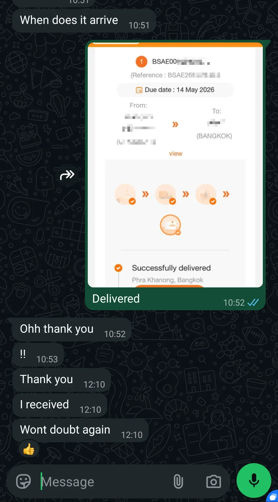 WhatsApp chat with a customer in Bangkok about TEREA Rich Regular