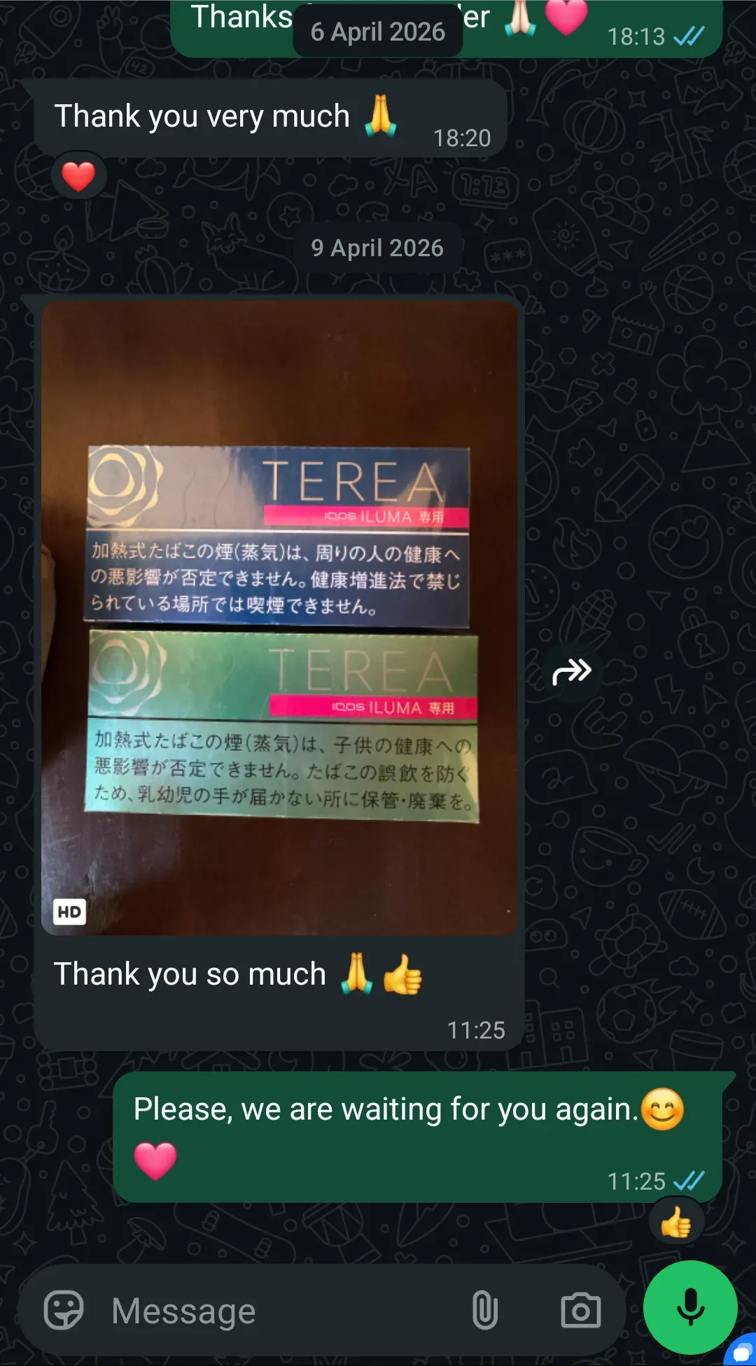WhatsApp chat with a customer in Koh Samui about TEREA Rich Regular & Mint