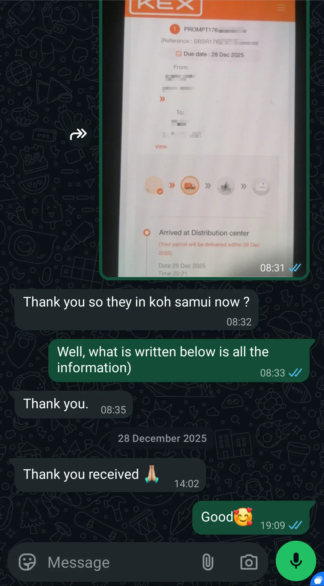 WhatsApp chat with a customer in Koh Samui about TEREA Bronze, Pearl & Tropical Menthol