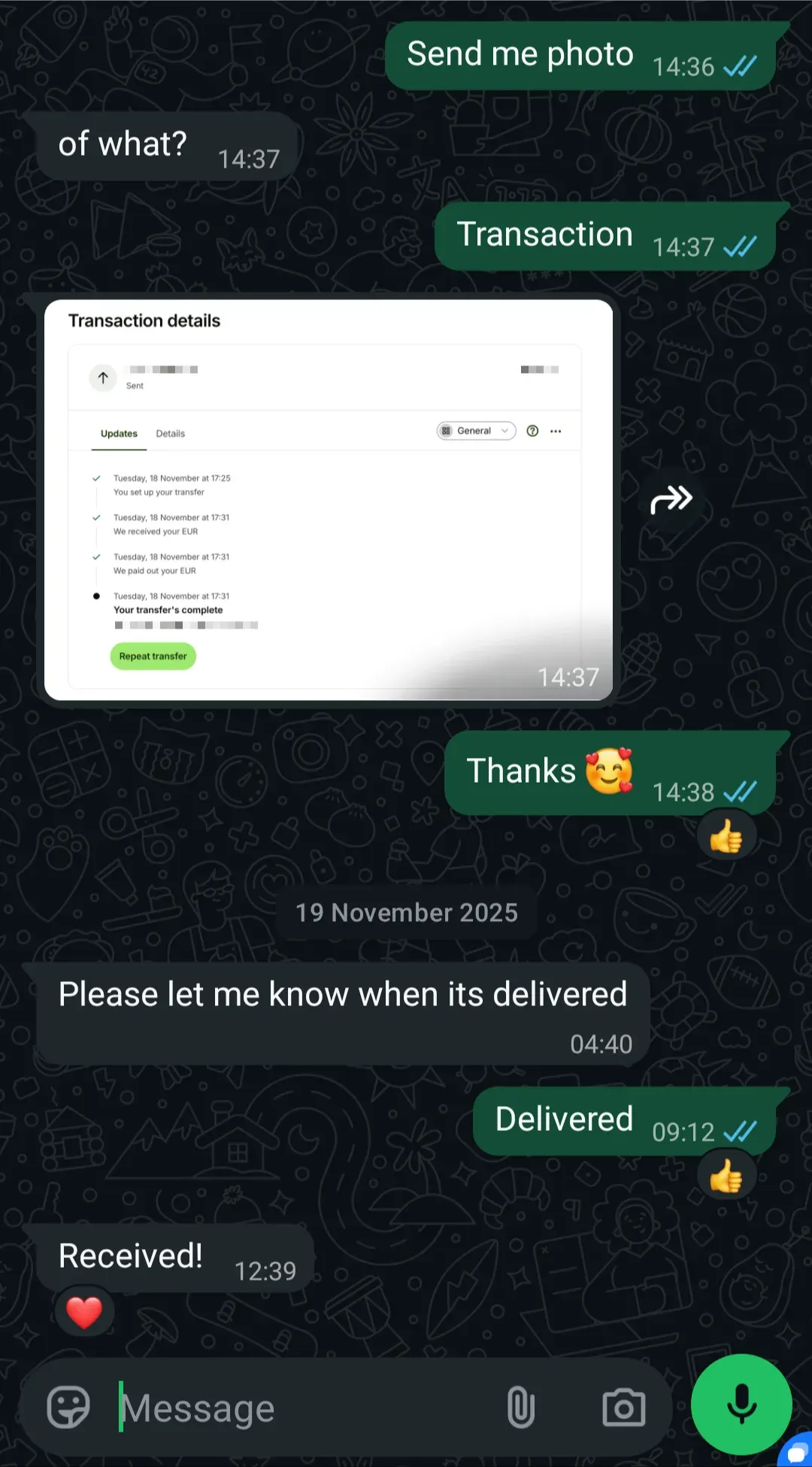 WhatsApp chat with a customer in Bangkok about TEREA Blue