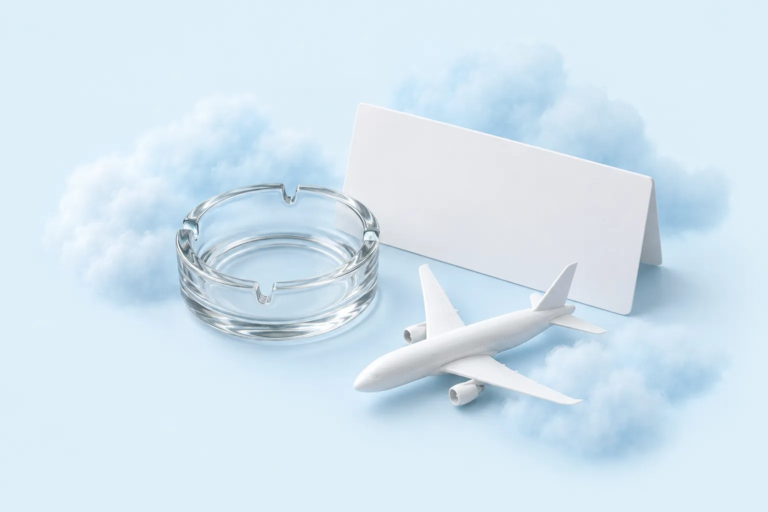An empty glass ashtray, a blank folded card and a white toy airplane on a sky-blue background