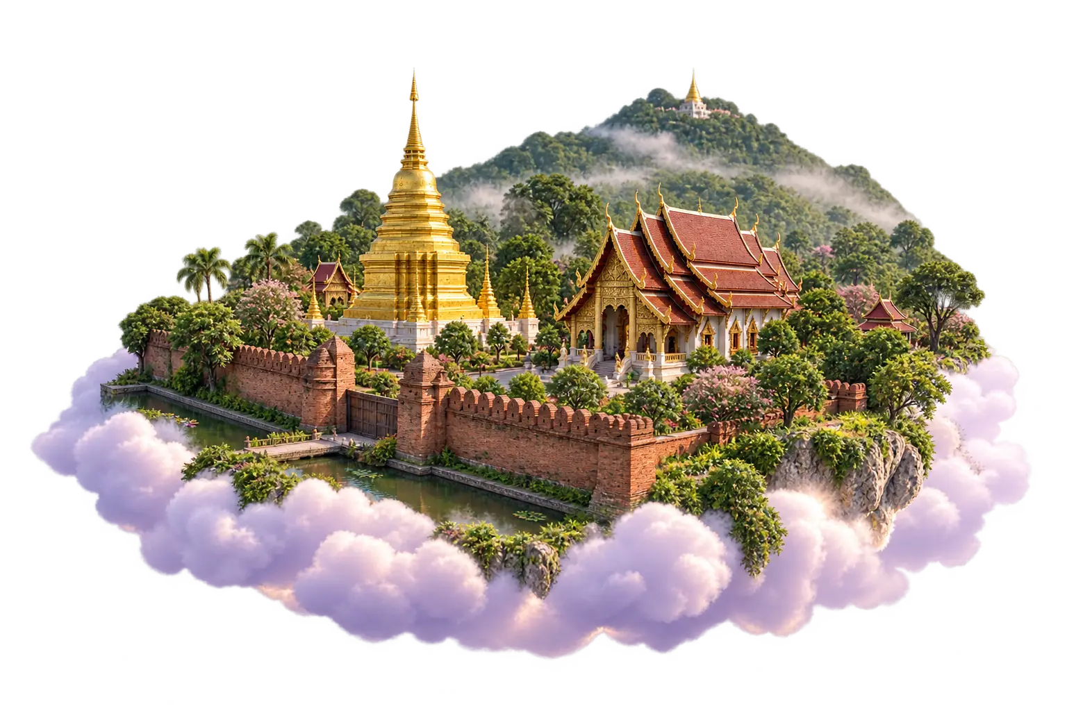 Chiang Mai as a small island on a pastel cloud