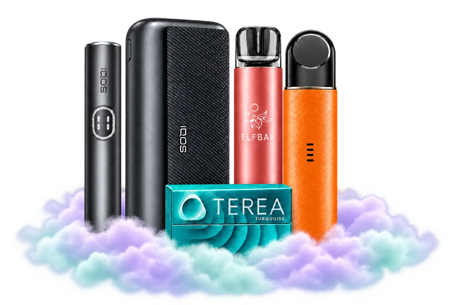 IQOS ILUMA i, TEREA sticks and disposable vapes on a pastel vapor cloud