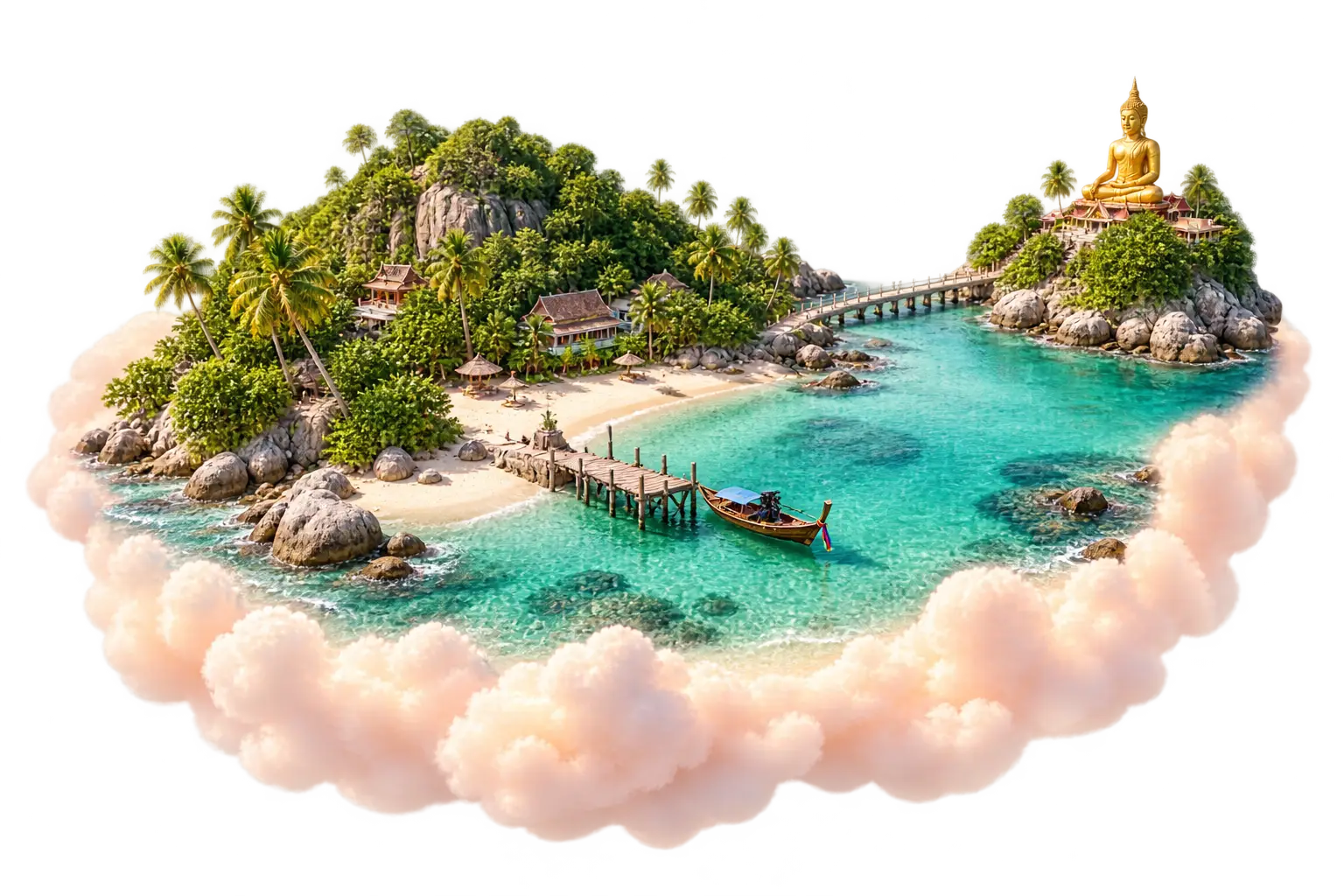 Koh Samui as a small island on a pastel cloud