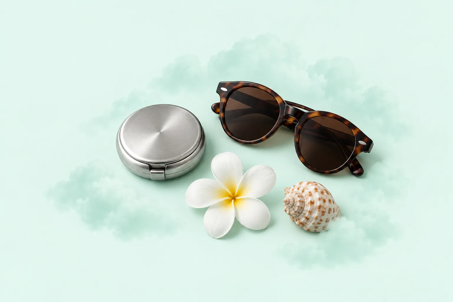 A metal pocket ashtray, sunglasses, a frangipani flower and a seashell on a mint background