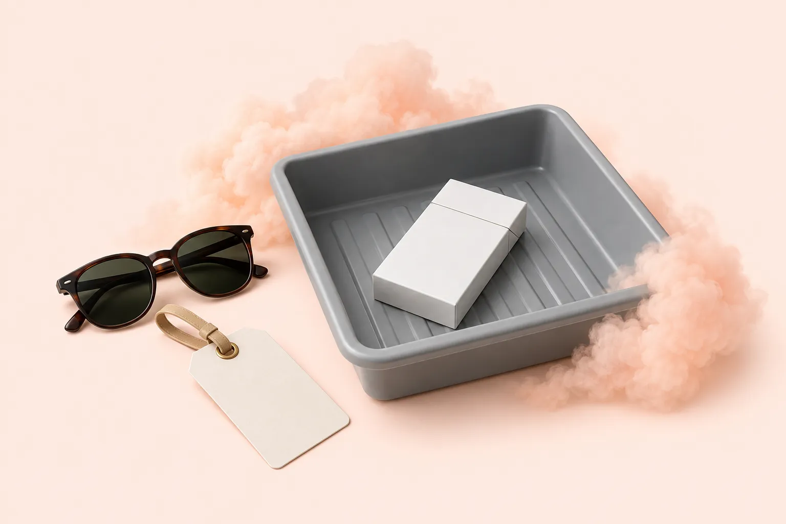 A plain white pack in a gray airport security tray, sunglasses and a blank luggage tag on a peach background