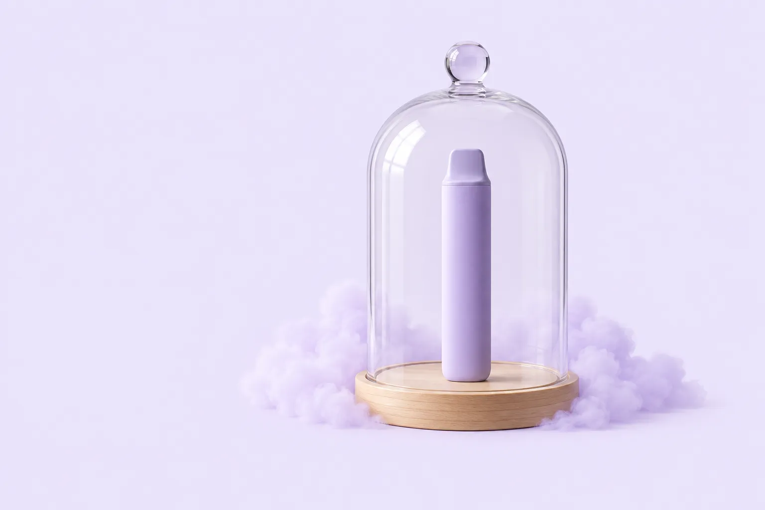 A lavender disposable vape under a glass bell jar on a wooden base, on a lilac background